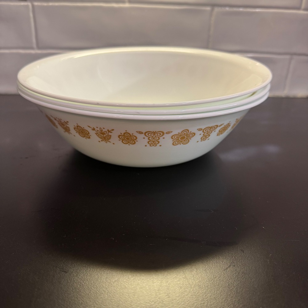 Corelle Serving Bowls 3pc Set 8.5in White Yellow Butterfly Gold Vintage Retro